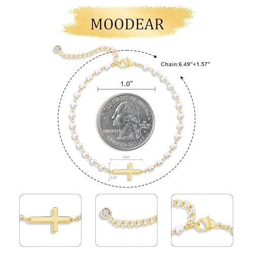 Moodear Cross Bracelet for Women, Dainty Sterling Silver/Gold Plated Gift - color: Pearl Gold Cross Bracelet