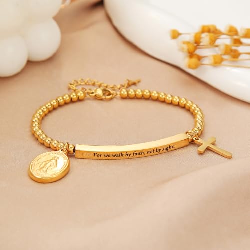 DS Women Christian Charm Bracelet,Cross Scripture Stainless Steel Jewelry - style: For we walk by faith, not by sight.-Gold