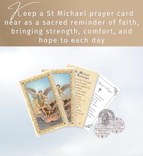 St Michael the Archangel Prayer Card - Laminated Saint Michael Prayer Card with Gold Stamping, Religious Pocket Token, The Lord’s Prayer - Made in Italy Catholic Cards and Tokens Set - 7 Items
