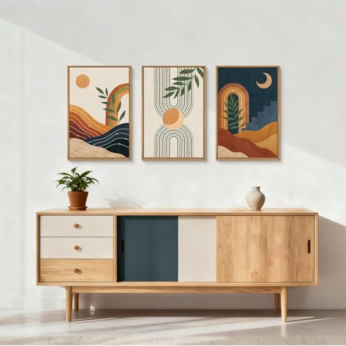 FWIEXA Mid Century Modern Wall Art Set of 3, Vintage Boho Framed Canvas Wall Decor, Minimalist Geometric Sun Moon Line Wall Prints, Abstract Green Leaf Painting, 24x36In Modern Navy Blue Artwork for Living Room,Bedroom - color: Boho Sun Moon, size: 24"L x