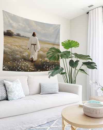 bitCNY Jesus in Field Tapestry 60x50 Inches – Solitude Christian Wall Art, Peaceful Religious Tapestry for Bedroom Living Room, Faith Journey Decor - color: white-Jesus in Field