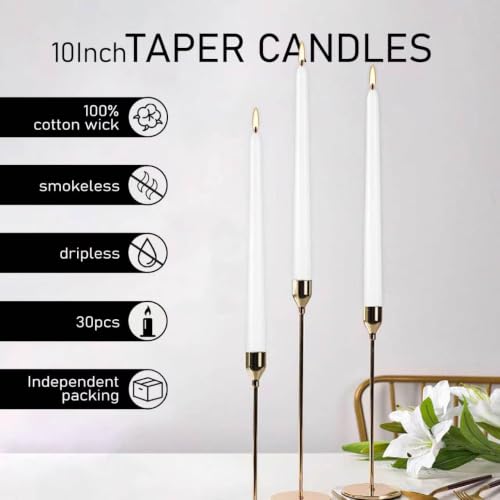 30 Pack White Taper Candles, 10 Inch Dripless Unscented Candles - color: White