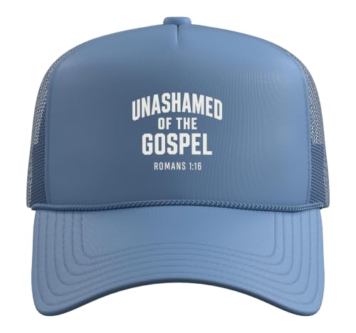 Unashamed of the Gospel, Christian Teen Romans 1:16 Trucker Hat with Adjustable Mesh Back - color: Light Blue