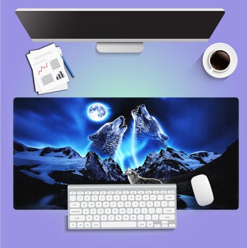 Howling Wolf Full Moon Large Mouse Pad, Great Snowy Mountain Blue Desk Mat - color: Blue and Black