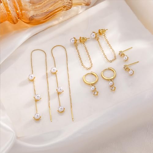 Moodear Gold Earrings for Women, 14K Plated Pearl Earring Stack Jewelry - color: 4pc pearl earrings