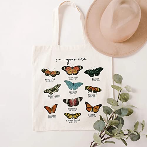 SAUIVD Butterfly Bible Christian Canvas Tote Bags Funny Inspiration Tote Bag God Gifts for Women Resuable Shopping Bags