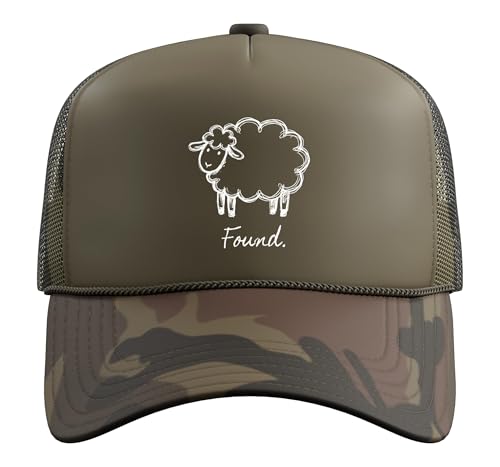 Found Minimalist Sheep Christian Psalm 23 Lamb Christian Trucker Hat with Adjustable Mesh Back - color: Camo Green