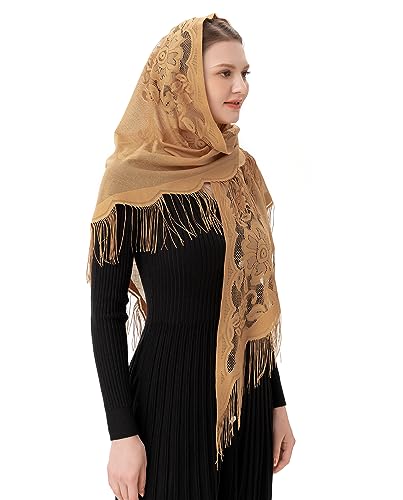 PAMOR Triangle Catholic Church Veil Chapel Veil Scarf Mantilla Veils Wrap Shawl Mass Head Covering with Fringe Trim - color: Beige
