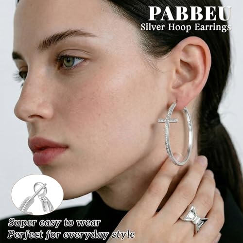 PABBEU 925 Sterling Silver Cross Hoop Earrings for Women Hypoallergenic - color: 50mm silver