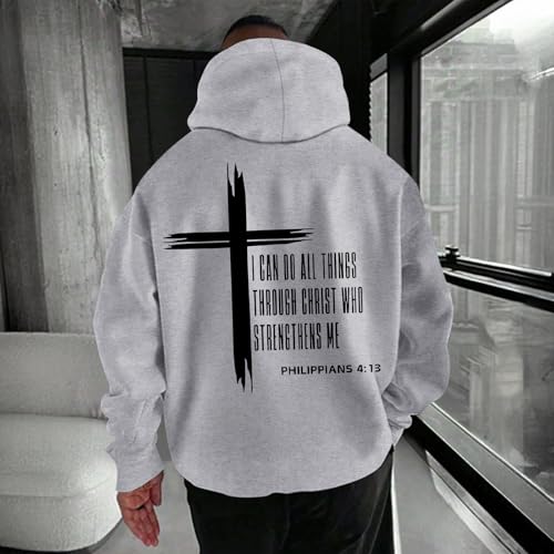 Tuislay Mens I Can Do All Things Through Christ Hoodies Christian Jesus Hoodie Religious Cross Sweatshirt Faith Pullover Tops - color: Light Gray, size: XX-Large