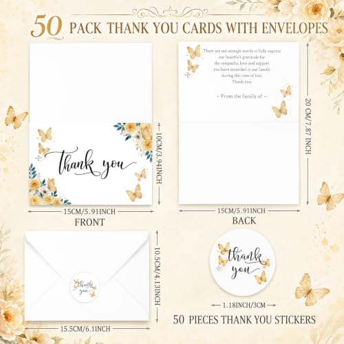 Fumete 50 Set Funeral Thank You Cards, Yellow Butterfly - style: Yellow Butterfly