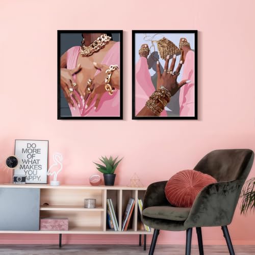 2Pce Framed Wall Art Set 12x16 Inches Modern Abstract Canvas Art Featuring Black Women's Hands and Stylish Jewelry Portraits Colorful Home Wall Decor Prints for Living Room and Bedroom - color: Red, Pink, size: 12x16 inch