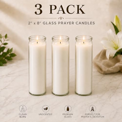 White Prayer Glass Candles Unscented, Bundle 3 Pack