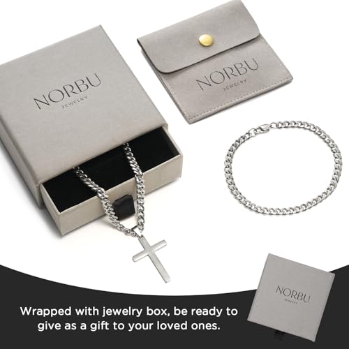 NORBU Stainless Steel Cross Necklace and Bracelet Set for Men, Cuban Link - color: Silver Cuban