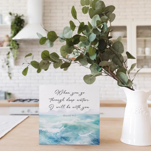 Christian Decor - Bible Verse Watercolor Ocean Wooden Box Sign, When You Go Through Deep Waters, Isaiah 43:2 Scripture, Inspirational Home Desk Shelf Decor, 5x5 - color: Isaiah 43:2