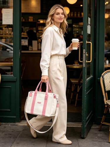 FIORETTO Women’s Canvas Tote Bag Purse with Zipper, Multi Compartment & Reinforced Bottom, Ideal for Work, Bible, Travel - color: Beige & Pink, size: Medium, style: Built-in Organizer