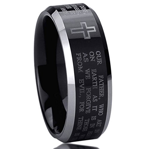 8mm Stainless Steel Wedding Band Ring for Men & Women Lord's Prayer Engraved Cross Praying Ring for Men & Woman