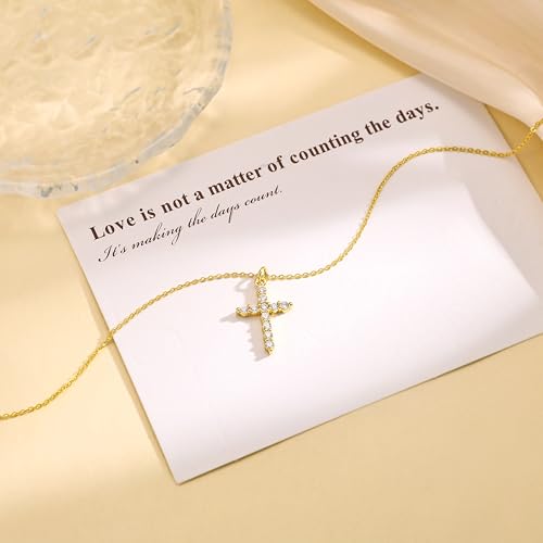 Carffordo 925 Sterling Silver Cross Necklace, Dainty Necklace for Women - style: Gold Cubic Zirconia Cross