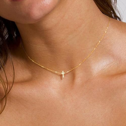 MONOZO Dainty 14K Gold Plated Cross Necklace for Women Jewelry Gifts Trendy - color: Sideways - Tiny Cross Choker