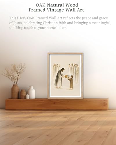 iHery 12x16in Jesus Feeds the 5000 Framed Christian Wall Art - color: OAK Framed Feeds, size: 16"L x 12"W
