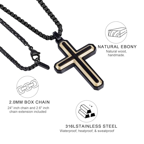 Wooden Cross Necklace for Men With Stainless steel And Black Ebony Adjustable Box Chain 24–26 inches Suitable for Everyday Wear And Christian Gifts for Men - color: Gold-D