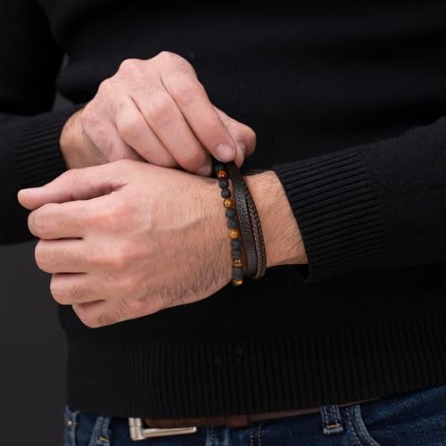 Beaded Leather Bracelets - Gifts for Men, 6mm Tiger Eye Lava Rock Stone Beads Braided Leather Bracelet Handmade Mens Bracelet With Adjustable Magnetic Clasp - color: Brown-4