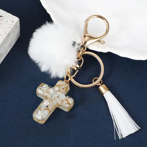 MWOOT 2PCS Cross Keychains for Women, Christian Keyring Tassels Plush, Resin Jesus Key Chain, Bag Charm Car Accessories - color: White+red