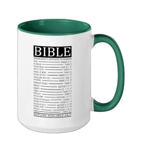 Bible Emergency Hotline Numbers | Christian Ceramic Mug, Dark Green/White, 15oz - color: Dark Green/White, size: 15 Ounces