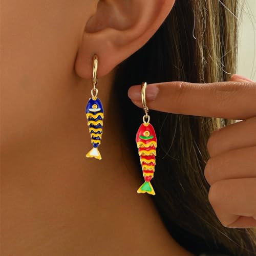 Color Boho Fish Earring for Women, Gold Huggie Hoops Dangle Colorful enamel Summer Beach 3D Stereo Tiny Fish Drop Earrings Ocean Minimalist Statement Jewelry Gift - color: Blue Enamel