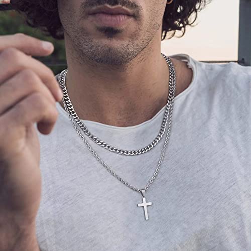 Ursteel Layered Cross Necklaces for Men - 18K Gold Plated Cross Necklaces Chain for Men Boys Gifts, Silver Rope Chain Layered Necklace Jewelry 16 18 20 22 24 Inch, First Communion Gifts for Boys - color: Black, style: 22inch/24inch