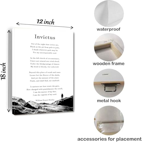 Invictus Poem Wall Art, Inspirational Motivational Quote Canvas Print, Resilience and Strength Poster, Never Give Up Decor, Success Mindset Artwork for Home Office Gym Gift Framed 12 * 18 inch - color: Invictus Poem, size: 18"L x 12"W