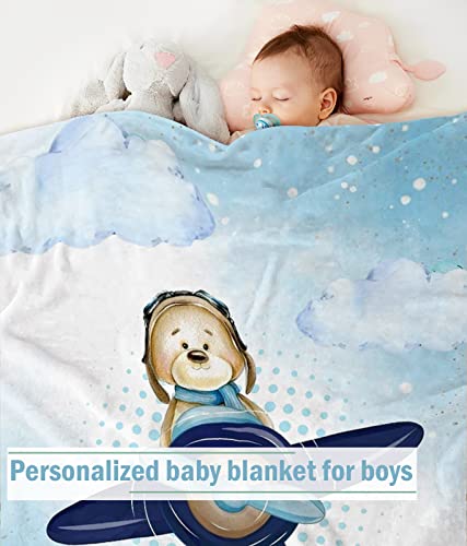Personalized Baby Blanket for Boys, Custom Baby Blanket with Name Super Soft Personalized Name Blankets for Kids, Custom Little Bear Blankets for Infant Toddler, Babys Gifts for Birthday - color: Bear and Plane
