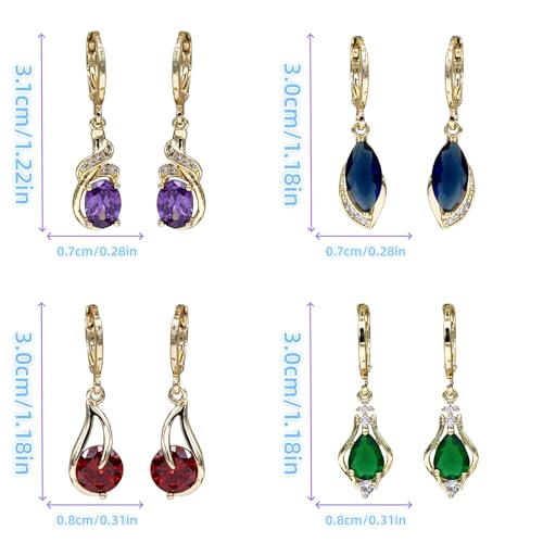 18K Gold Plated, Dangle Earrings for Women, Flower/Heart Drop earrings, Hypoallergenic Cubic Zirconia Earrings, Lightweight, Party, gold earrings, Jewelry for Gifts, Fashion - style: Drop-BigGems-4Pair
