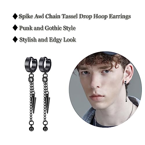 Unisex Punk Hip Hop Stainless Steel Silver Black Gold Tone Lock Thunder Lightning Bolt Dangle Huggie Hoop Earrings Gift for Women Men Boy Teens - color: Black-Spike Chain