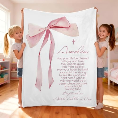 Personalized Baptism Blanket for Girl, Custom Pink Bow Christian Blanket, Baby Girl Christening Gift, Catholic Baptism Throw Blankets, Scripture Baby Blankets, Goddaughter Keepsake, Nursery Decor - color: #Ver6