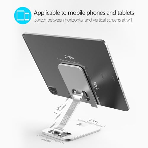 Amzpas Adjustable Cell Phone Stand Metal, Foldable Desktop Cellphone Stand with Anti-Slip Base and Convenient Charging Port, for Phone 17 16 15 14 13 12 11 Pro Xs Xs Max Xr X 8, All Phones - color: Silver