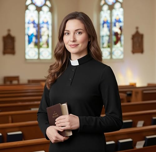 Womens Clergy Shirt Tab Collar Long Sleeves Polo Shirt Clergy Button Down Blouse - color: Black, size: X-Large