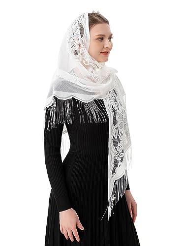 PAMOR Triangle Catholic Church Veil Chapel Veil Scarf Mantilla Veils Wrap Shawl Mass Head Covering with Fringe Trim - color: White