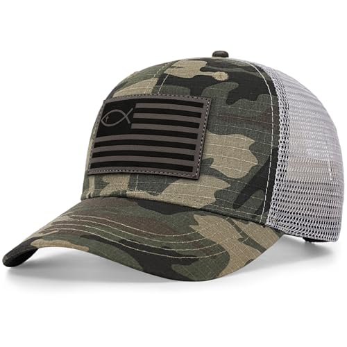 Christian Jesus Fish Flag Hat, Faith Trucker Hats for Men Women, Religious Gifts for Thanksgiving Christmas - color: Cross Fish/Camo-2