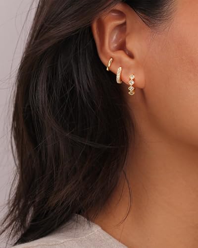 Rotnso Gold Hoop Earrings Set for Women Hypoallergenic Trendy Huggie Stack - style: 3 Pairs Rhombus CZ Hoops-GD