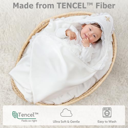 Silky Tencel Hooded Baptism Christening Blanket, Gold Cross, 40''x40 - color: White+ Gold Cross Embroidery