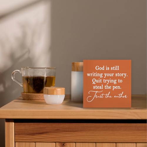 God Is Still Writing Your Story Orange Wood Box Sign Desk Decor 5X5, Christian Scripture Bible Verse Prayer Room Block Sign Decorations for Home Office Wall Tabletop Shelf Decor - color: Colour 07, size: 5 x 5 in