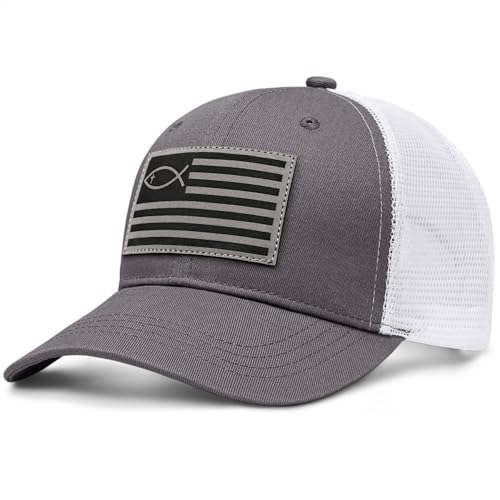 Christian Jesus Fish Flag Hat, Faith Trucker Hats for Men Women, Religious Gifts for Thanksgiving Christmas - color: Cross Fish/Grey