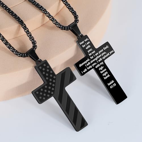 American Flag Cross Necklace for Men, Christian Confirmation Baptism Gifts - color: Black, style: Isaiah 41:10