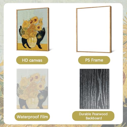 LHIUEM Framed Van Gogh Sunflower Wall Art 12”x16”Funny Black Cat Oil Painting Sunflowers in Vase Canvas Artwork Van Gogh Art Bohemian Wall Decoration Vintage Sunflower Kitty Art Print for Home Bedroom - color: colorful