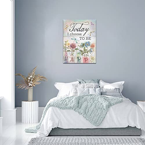yerretin Floral Bathroom Wall Art Country Flower Dragonfly Pictures Wall Decor Rustic Canvas Print Painting Artwork Home Decorations for Bedroom Living Room Office Framed 12"x16" - color: to Be Happy, size: 16"L x 12"W