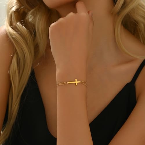 18K Gold Plated Pearl Beaded Cross Bracelets for Women Adjustable - color: Double O Cross-Gold