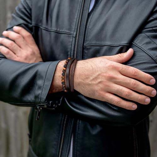 Beaded Leather Bracelets - Gifts for Men, 6mm Tiger Eye Lava Rock Stone Beads Braided Leather Bracelet Handmade Mens Bracelet With Adjustable Magnetic Clasp - color: Black-12