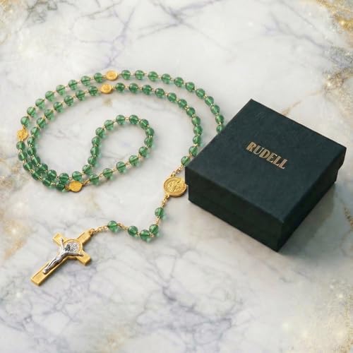 RUDELL Rosary Beads Catholic for Women - Rosary Necklace for Women with Pearl Beads - Medal Cross Saint Benedict Rosary for Men - Prayer Rosarios Catolicos Jewelry Gift - color: Green