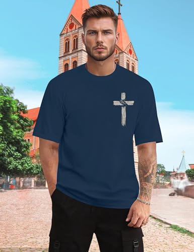 Christian Shirts for Mens Cross Jesus Graphic Tees - color: Blue, size: Large